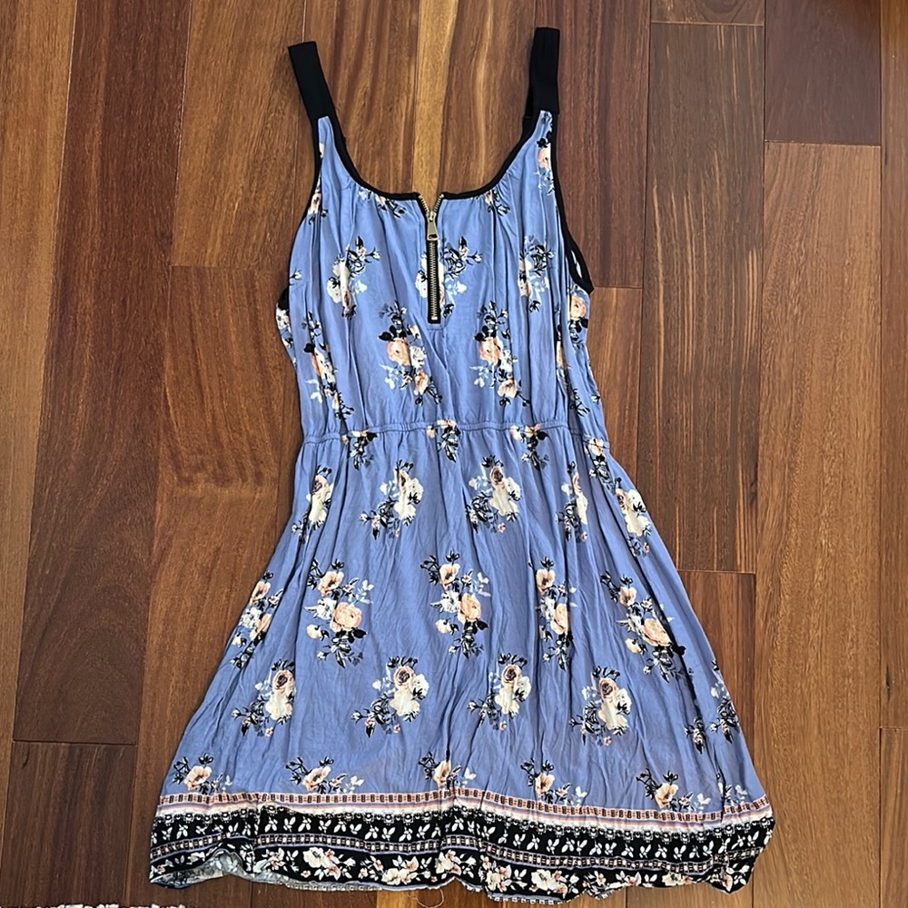 Floral Blue Dress with Black Straps